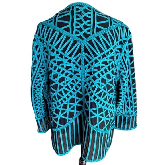 Chico’s Travelers Turquoise Embroidered Mesh Jacket Cardigan – Size 3 - Picture 4 of 5